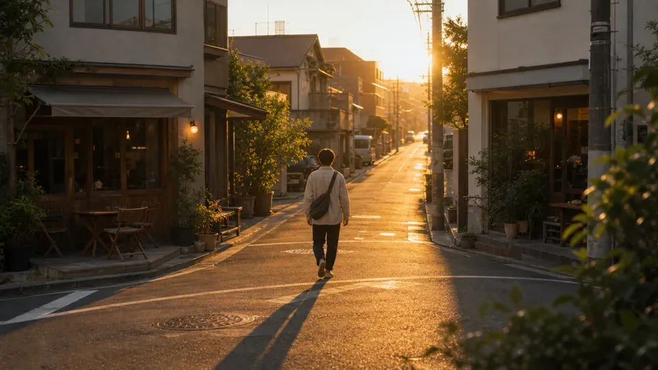 Pedestrian crossing a city street at sunset