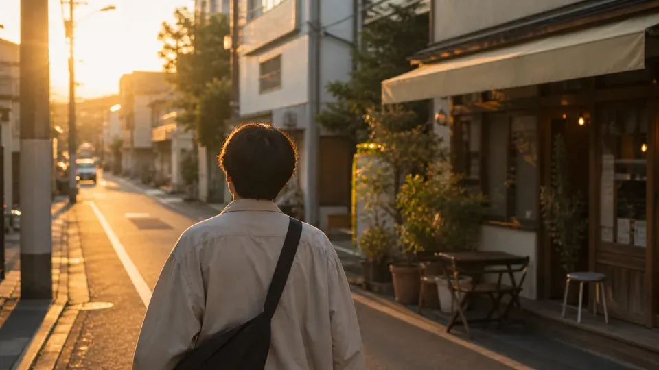 Person walking along a city street at golden hour, seen from behind