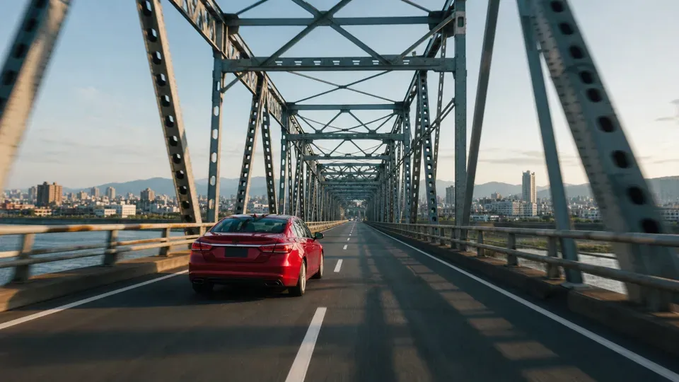 Red sedan crossing an iron bridge, side angle