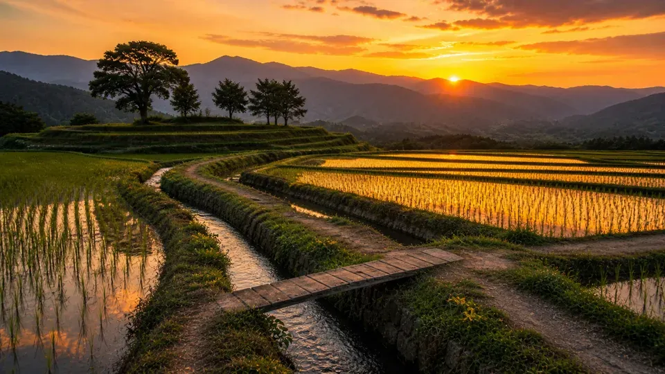 Bridge crossing a canal between rice terraces