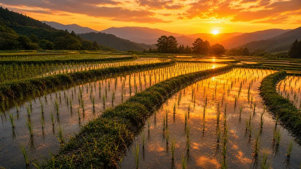 Sunset reflected on flooded rice terrace paddies