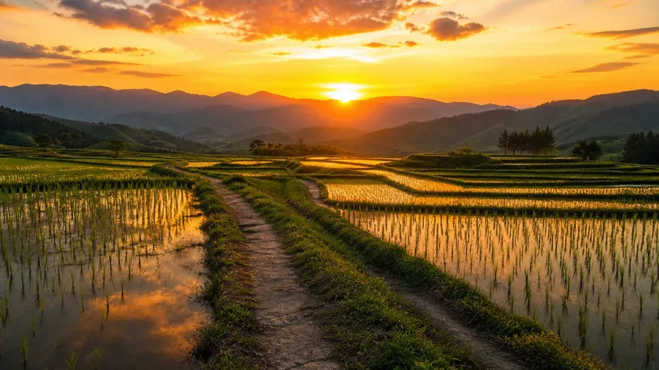 Sunset over a Japanese rice terrace, warm orange sky