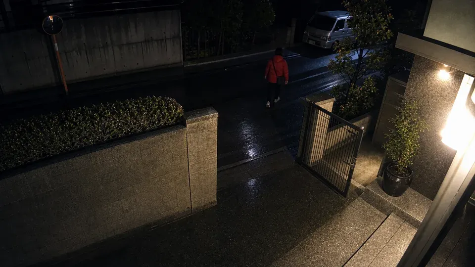 Person walking past the side gate after dark