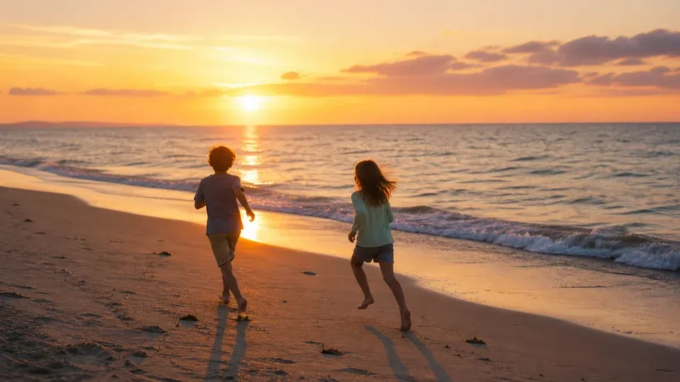 kids running on a beach at sunset