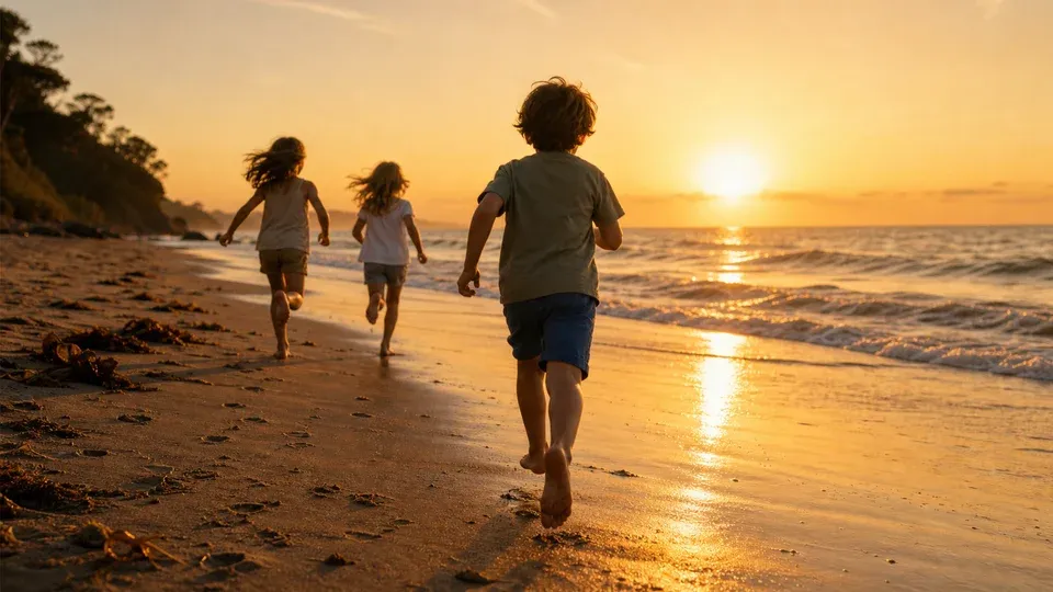 kids running on a beach at sunset