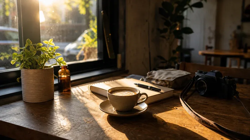 cafe interior with warm window light