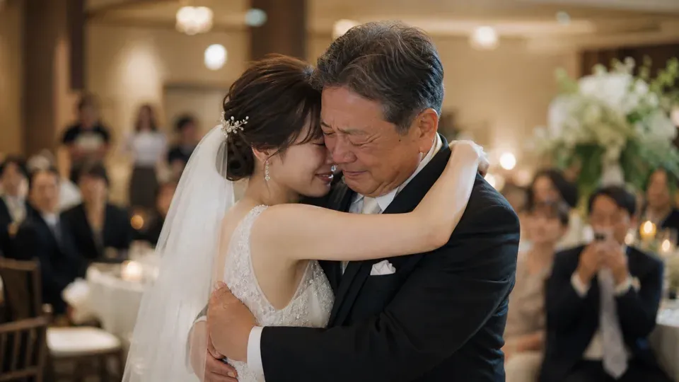 Bride hugging her father during the wedding ceremony