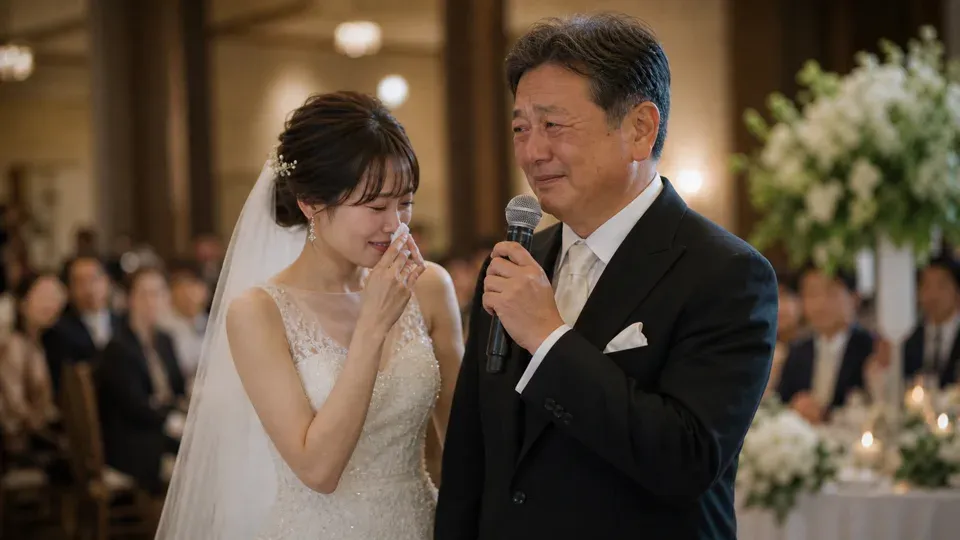 Father giving a speech at his daughter's wedding