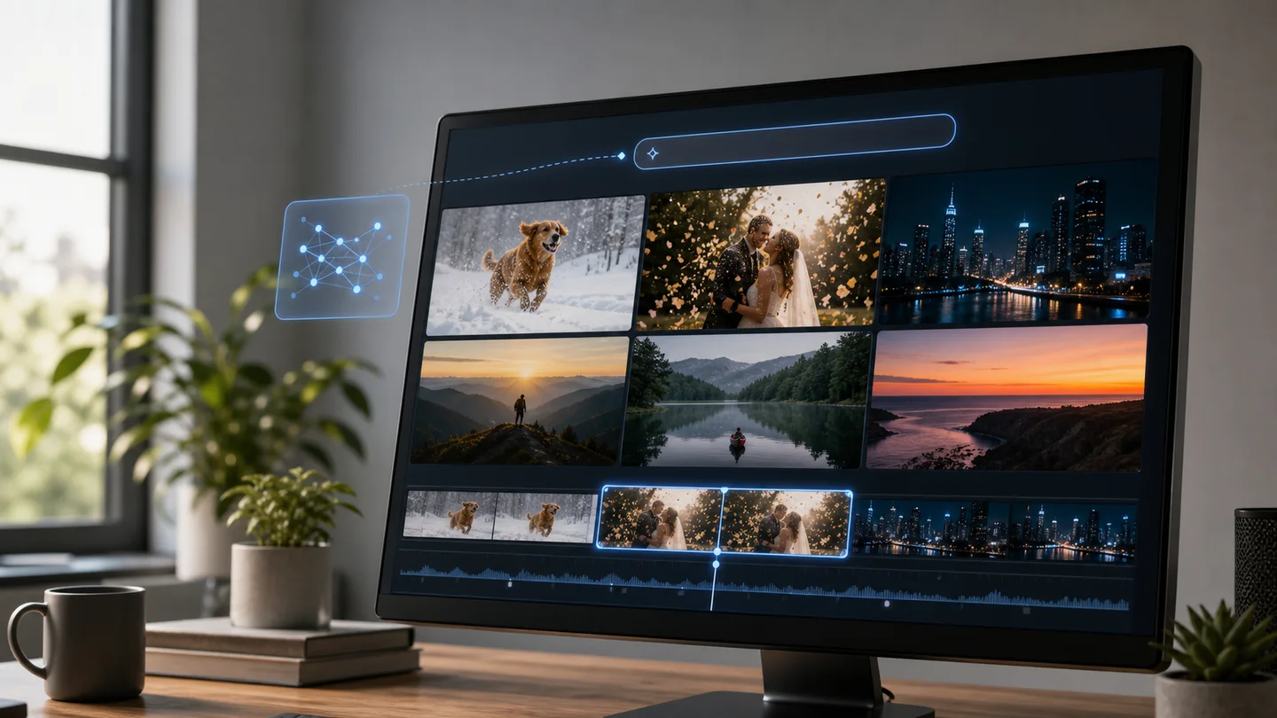 A video search app screen showing multiple video thumbnails and matching scene results