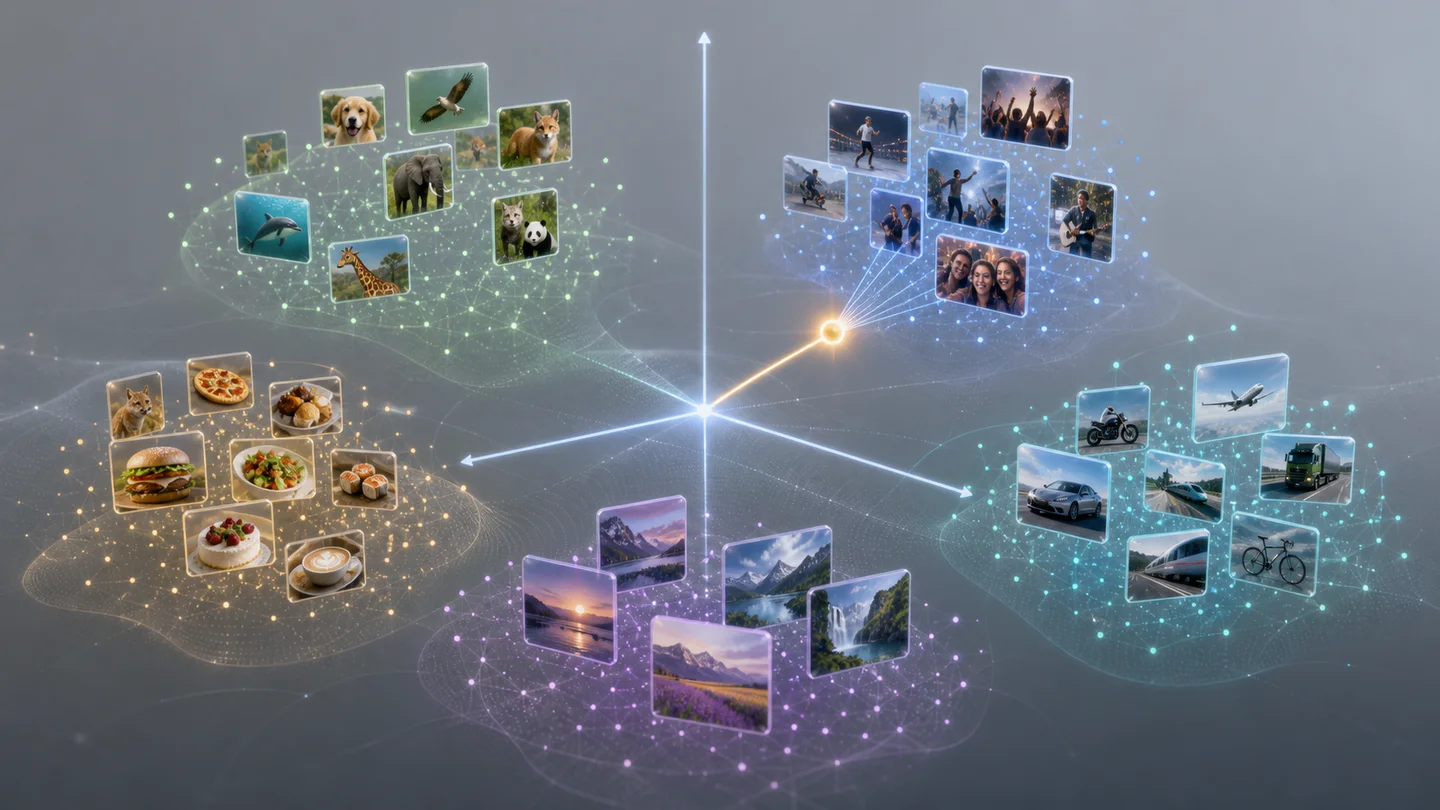 Illustration of video frames clustering by semantic proximity, with a query landing near a matching cluster